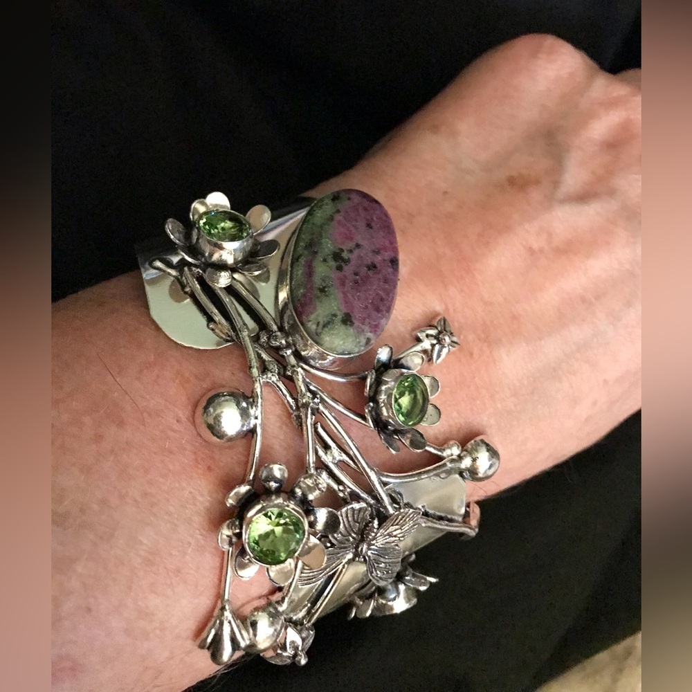 Ruby Zoisite Tsavorite 925 Sterling Silver Cuff Bracelet
